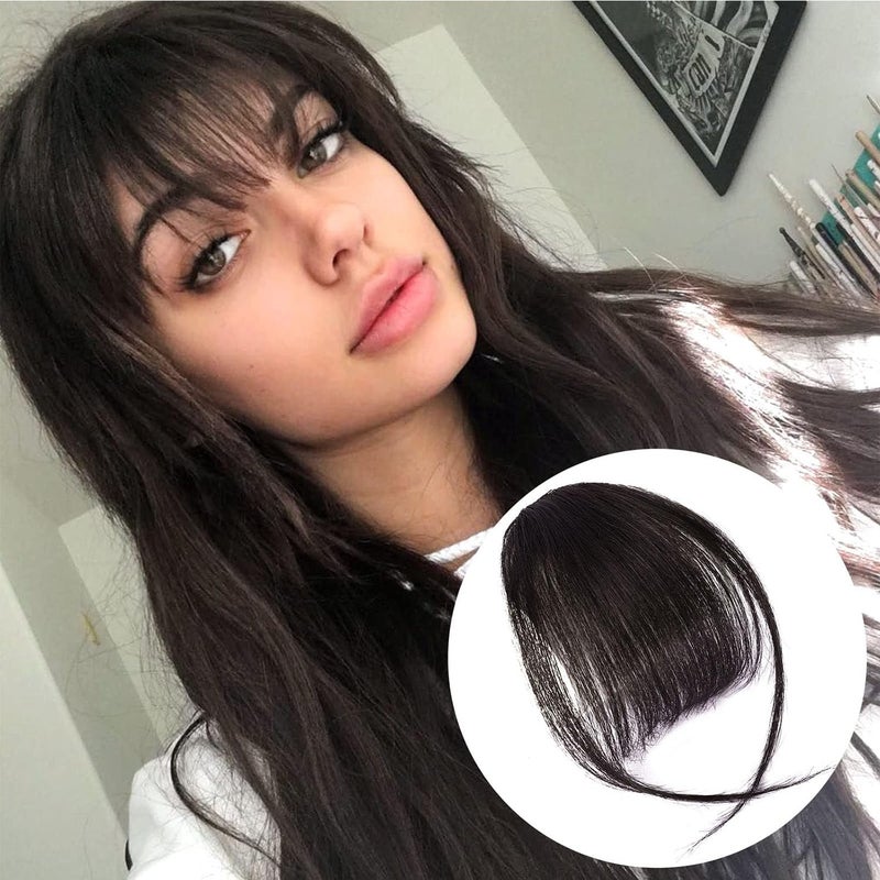 BOGSEA مشبك في غرة شعر حقيقية بشرية مشبك شعر مع قطع شعر للنساء غرة طبيعية لمظهر شعر ممتد للاستخدام اليومي (غرة رقيقة، (بني أسود)) - Image 1